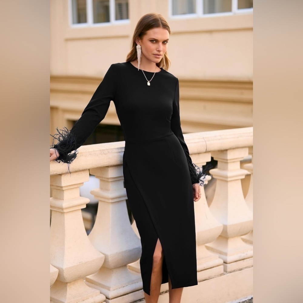 NWT- PRETTYGARDEN Feather Long Sleeve Formal Bodycon- Wrap Slit Cocktail Dress - Picture 3 of 16
